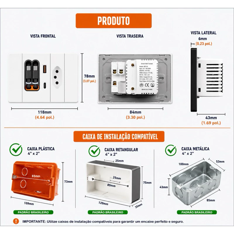 Dimensões do produto e caixas compatíveis