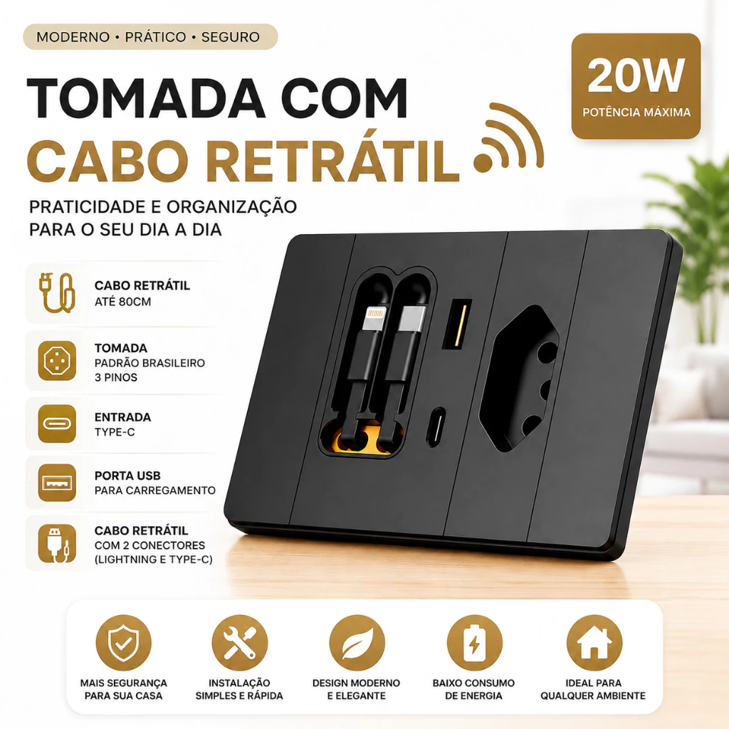 Destaques da tomada VOLTSK com cabo retrátil