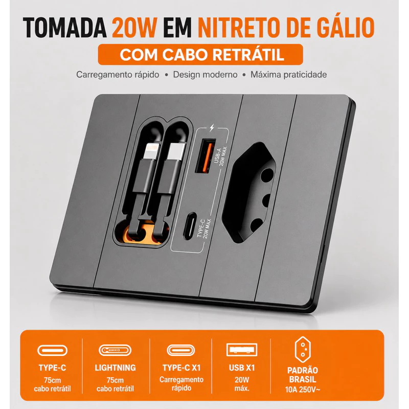 Tomada 20W em nitreto de gálio com cabo retrátil
